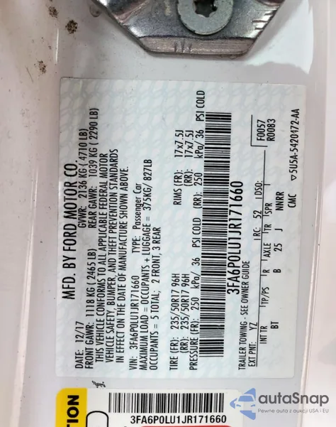 2018 Ford Fusion Se Hybrid z USA, uszkodzony, nr VIN 3FA6P0LU1JR171660